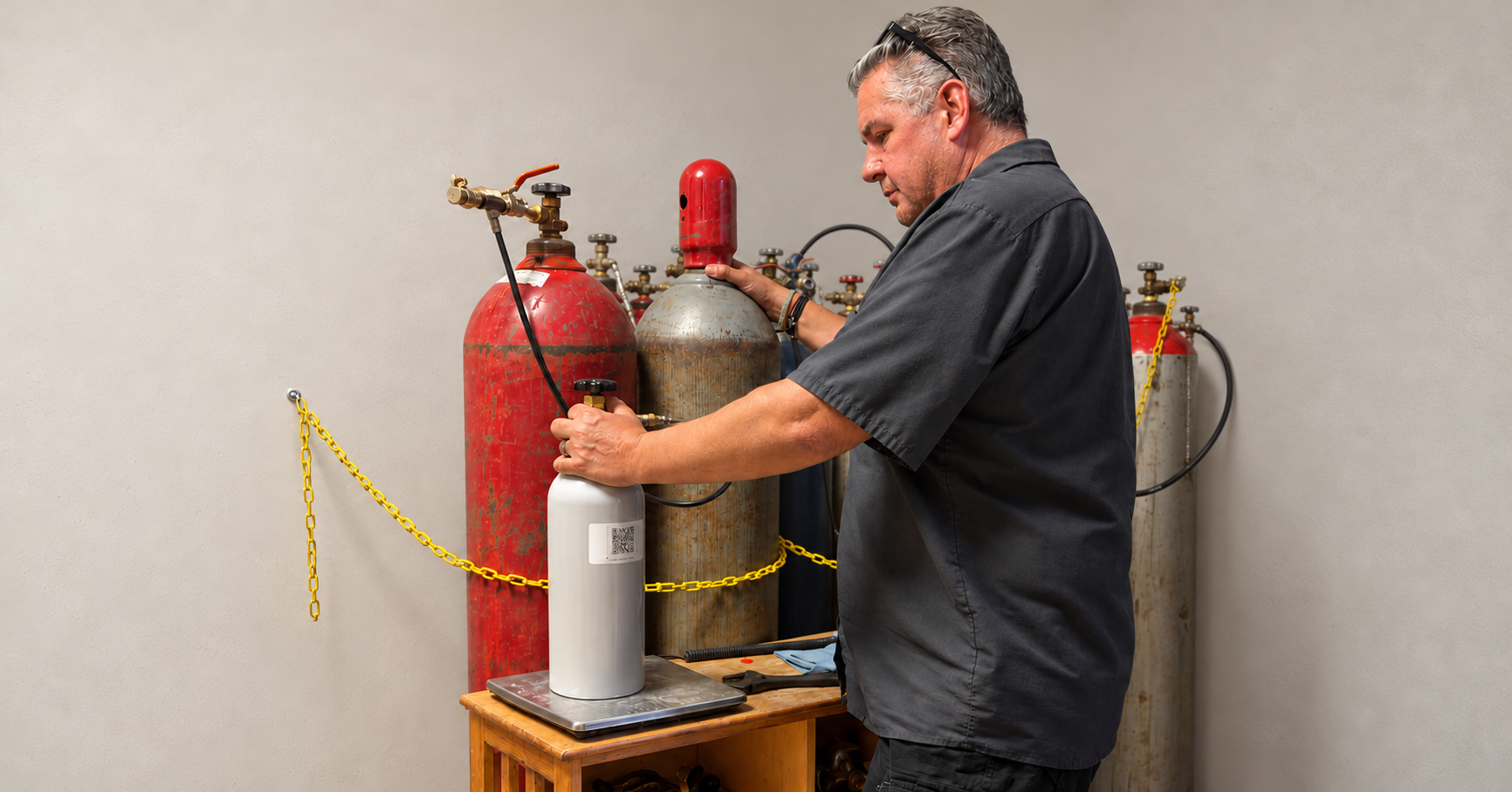 The Keg King owner working with a customer's CO2 cylinder at the refill station